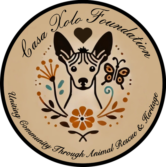 Casa Xolo Foundation A beige circle with a dark brown border. An artistic outline of the Xoloitzcuintle or Mexican Hairless Dog is in the center surrounded by orange, green, and brown floral designs. A small golden butterfly sits to the right of the dog and a brown heart is ab